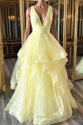 Yellow Evening Prom Dresses A Line Deep V Neck Light Long Party Evening Dresses with Ruffles